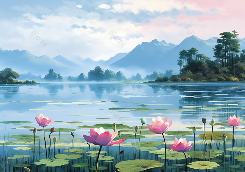 中国风蓝色天空荷花插画背景,插画/手绘图,插画/手绘图库,插画/手绘图下载,插画/手绘